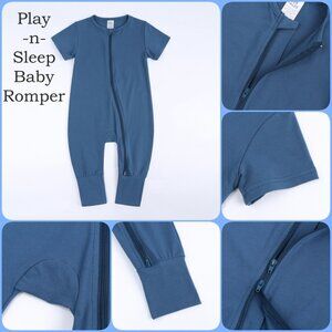 *NWT* BABY ROMPER Bodysuit Short Sleeve Long Leg Double Zipper Blue Cotton Boy